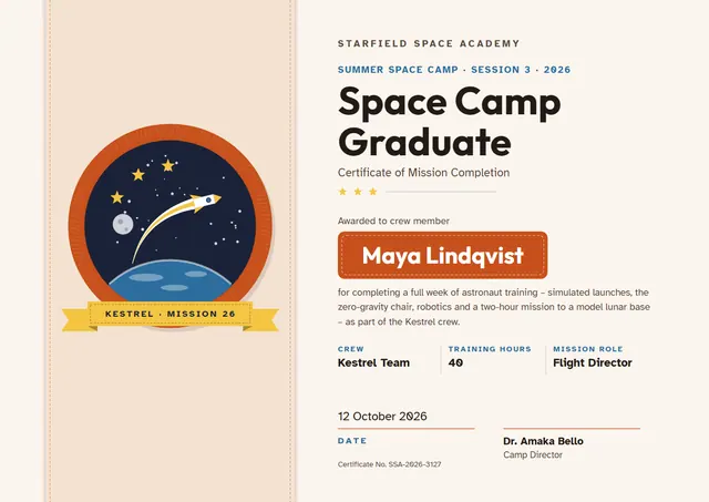 Terracotta Orbit Space Camp Graduate Certificate template, A4 landscape, in terracotta