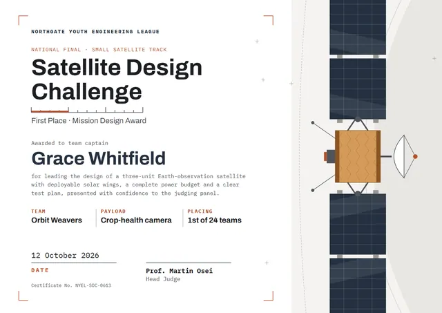 Navy Orbit Satellite Design Challenge Certificate template, A4 landscape, in navy