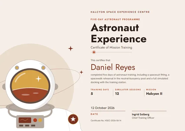 Chocolate Orbit Astronaut Experience Certificate template, A4 landscape, in chocolate