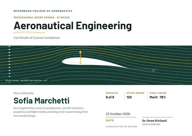 Forest Green Modern Aeronautical Engineering Course Certificate template, A4 landscape, in forest green