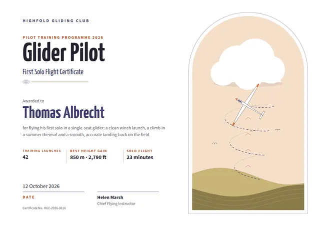 Gold Mountain Glider Pilot Certificate template, A4 landscape, in gold