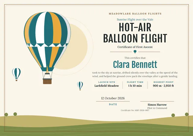 Teal Sunburst Hot-Air Balloon Flight Certificate template, A4 landscape, in teal