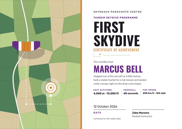 Lime Geometric First Skydive Certificate template, A4 landscape, in lime