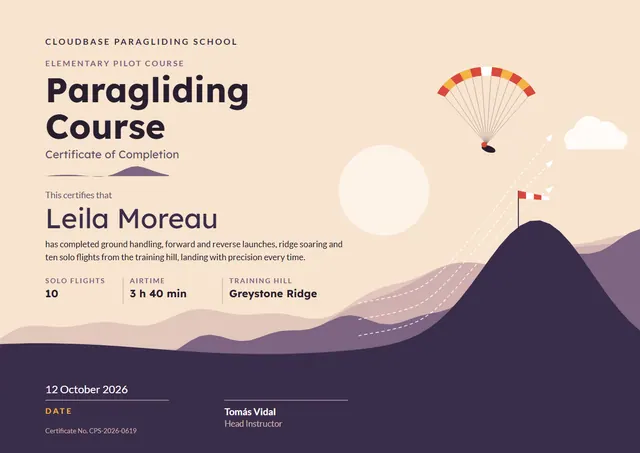 Pink Sunburst Paragliding Course Certificate template, A4 landscape, in pink