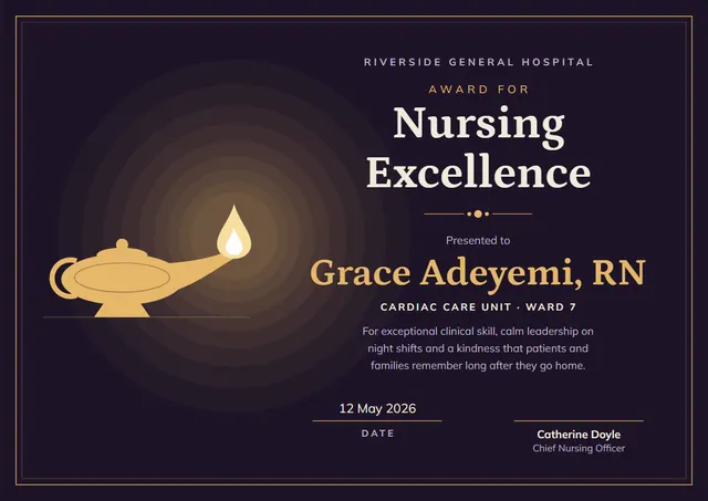 Black Flame Nursing Excellence Award template, A4 landscape, in black