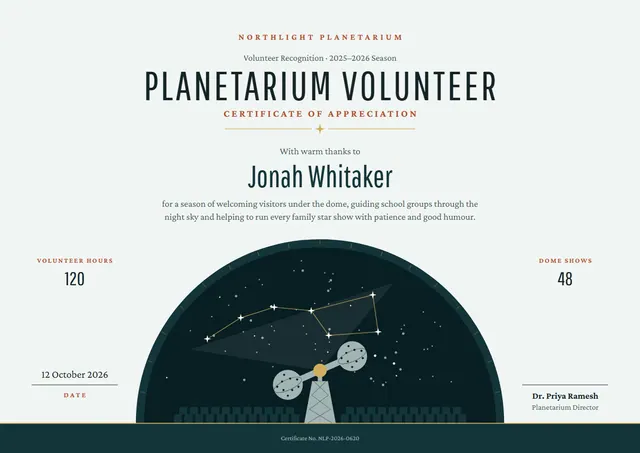 Midnight Starry Planetarium Volunteer Certificate template, A4 landscape, in midnight blue