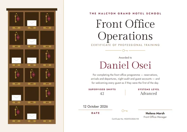 Bronze Bordered Hotel Front Office Certificate template, A4 landscape, in bronze