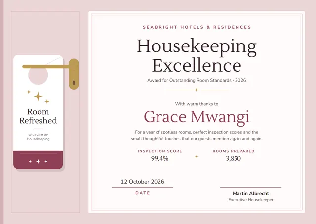 Raspberry Starry Housekeeping Excellence Award template, A4 landscape, in raspberry