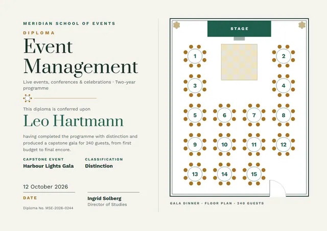 Bronze Leafy Event Management Diploma template, A4 landscape, in bronze