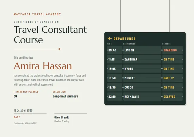 Forest Green Classic Travel Consultant Course Certificate template, A4 landscape, in forest green