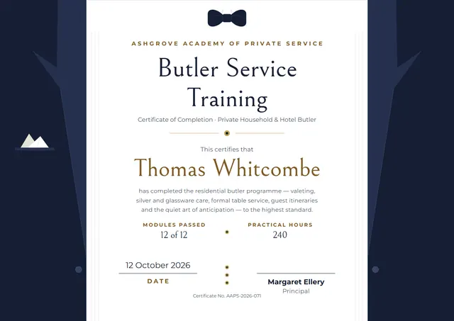Midnight Wave Butler Service Training Certificate template, A4 landscape, in midnight blue