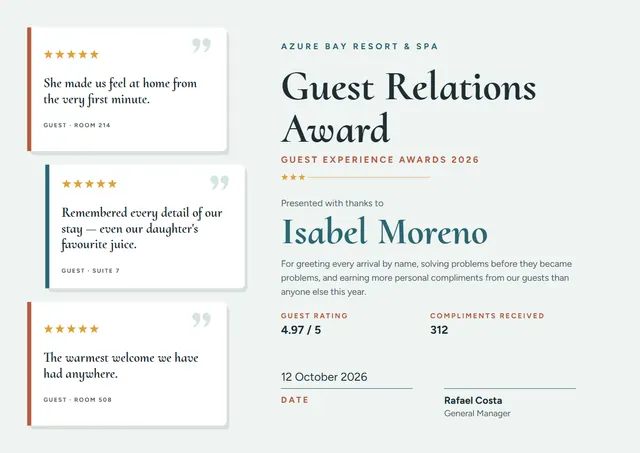 Ocean Blue Starry Guest Relations Award template, A4 landscape, in ocean blue