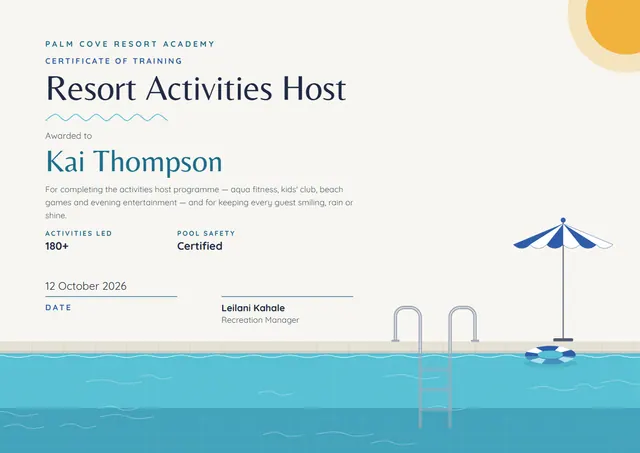Sky Blue Sunburst Resort Activities Host Certificate template, A4 landscape, in sky blue