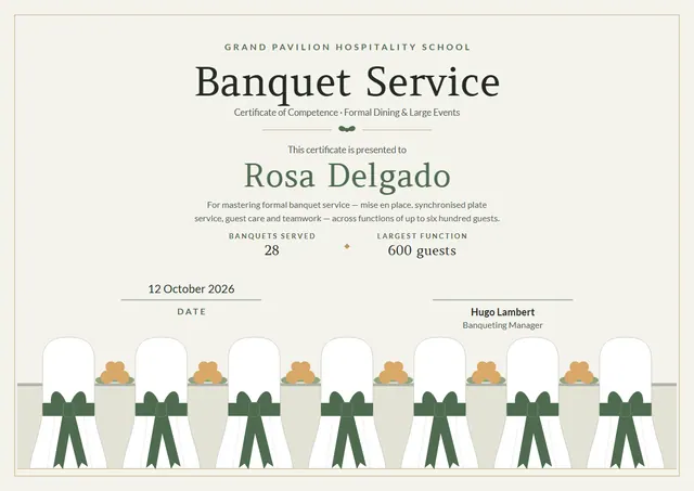 Slate Ribbon Banquet Service Certificate template, A4 landscape, in slate grey