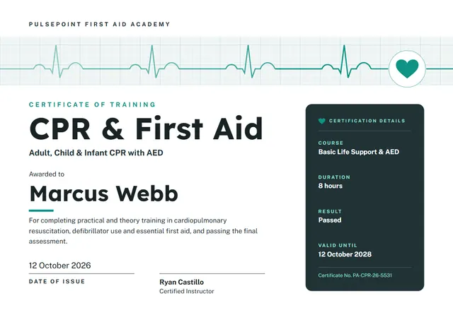 Charcoal Heart CPR & First Aid Certificate template, A4 landscape, in charcoal grey