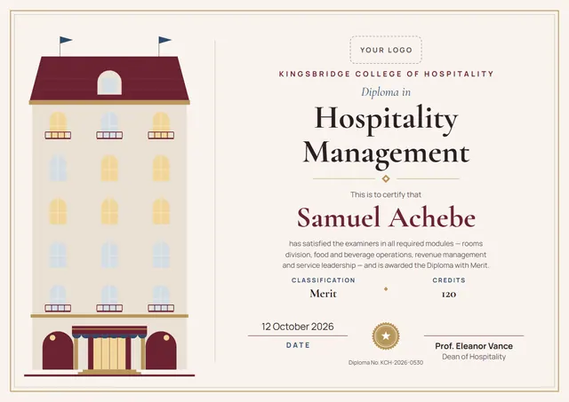 Burgundy Seal Hospitality Management Diploma template, A4 landscape, in burgundy
