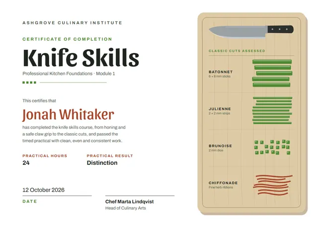 Gold Ribbon Knife Skills Course Certificate template, A4 landscape, in gold