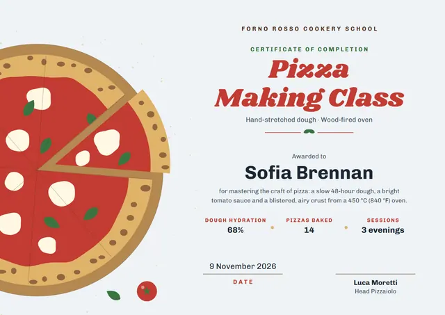 Gold Modern Pizza Making Class Certificate template, A4 landscape, in gold