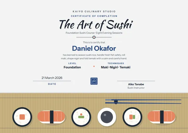 Gold Seal Sushi Course Certificate template, A4 landscape, in gold