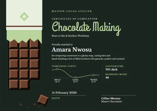 Forest Green Chart Chocolate Making Certificate template, A4 landscape, in forest green
