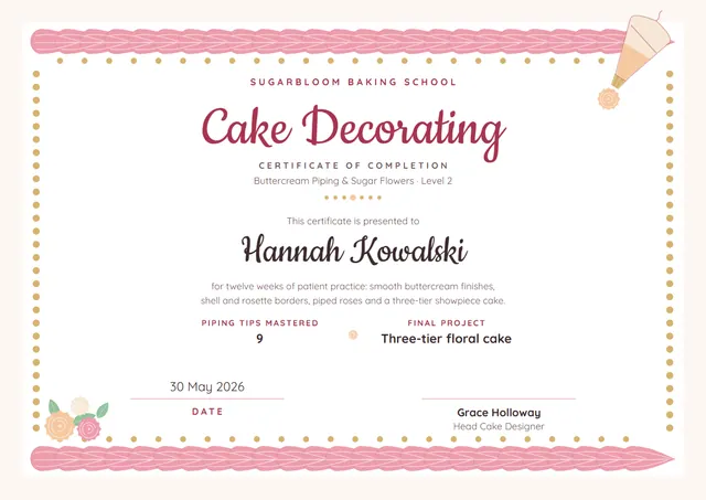 Gold Rosette Cake Decorating Certificate template, A4 landscape, in gold