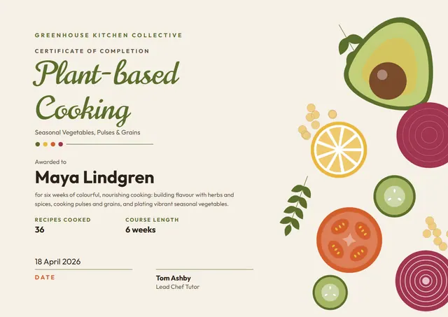 Olive Leafy Plant-based Cooking Certificate template, A4 landscape, in olive