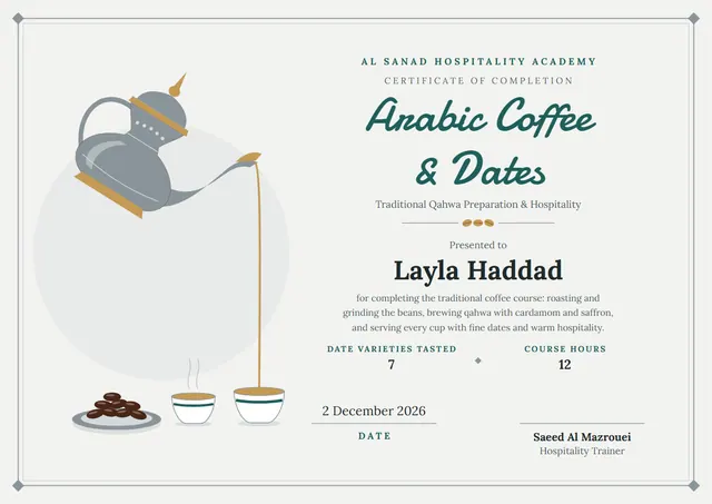 Teal Wave Arabic Coffee & Dates Course Certificate template, A4 landscape, in teal