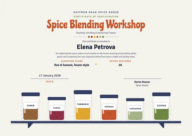 Terracotta Wave Spice Blending Workshop Certificate template, A4 landscape, in terracotta