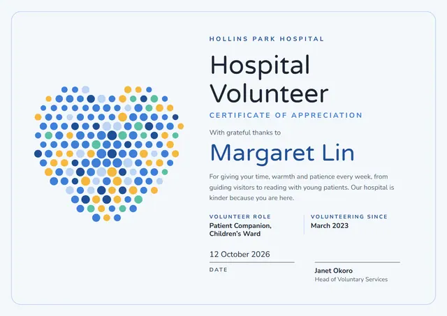 Ocean Blue Heart Hospital Volunteer Certificate template, A4 landscape, in ocean blue