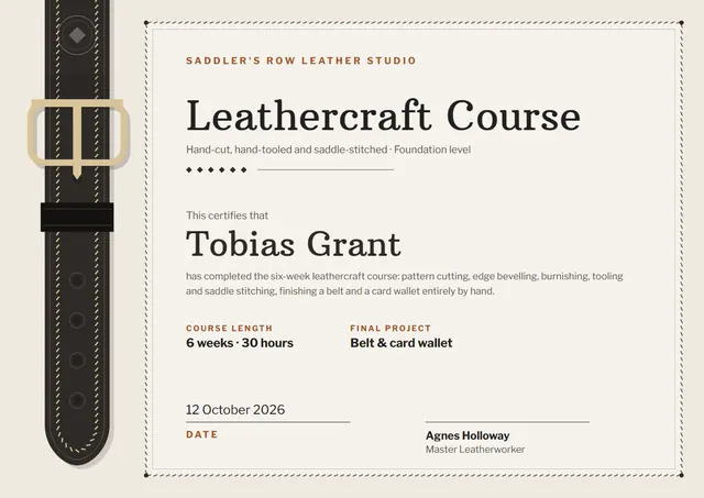 Gold Ornate Leathercraft Course Certificate template, A4 landscape, in gold