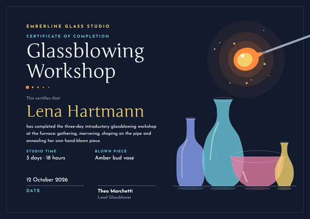 Midnight Bookish Glassblowing Workshop Certificate template, A4 landscape, in midnight blue