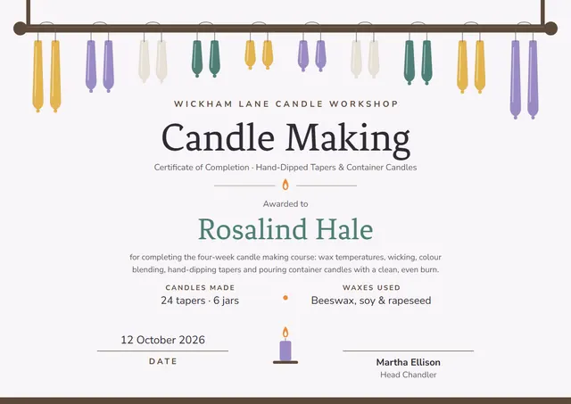 Slate Flame Candle Making Certificate template, A4 landscape, in slate grey