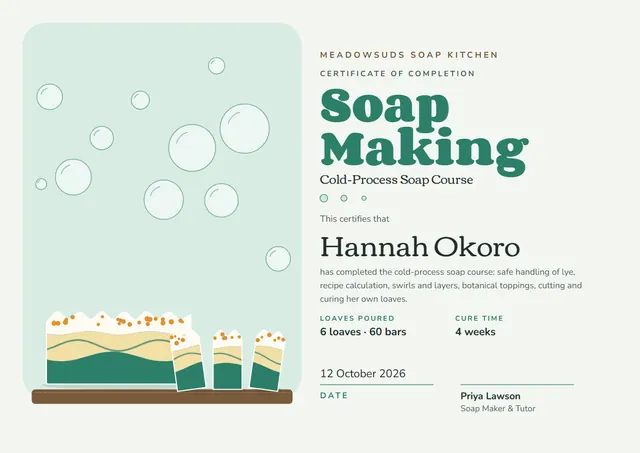 Mint Confetti Soap Making Certificate template, A4 landscape, in mint
