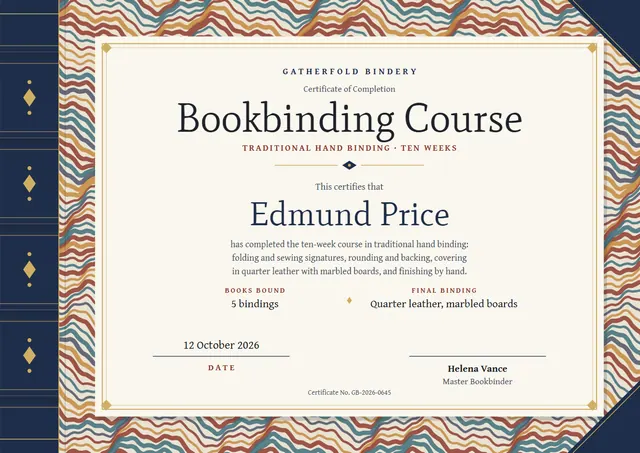 Gold Ornate Bookbinding Course Certificate template, A4 landscape, in gold