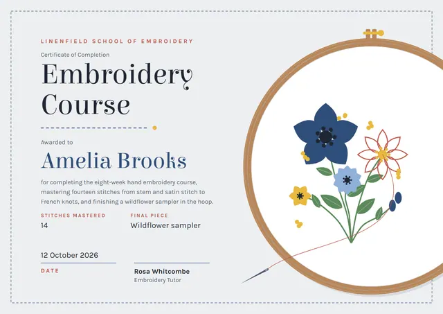 Gold Wave Embroidery Course Certificate template, A4 landscape, in gold