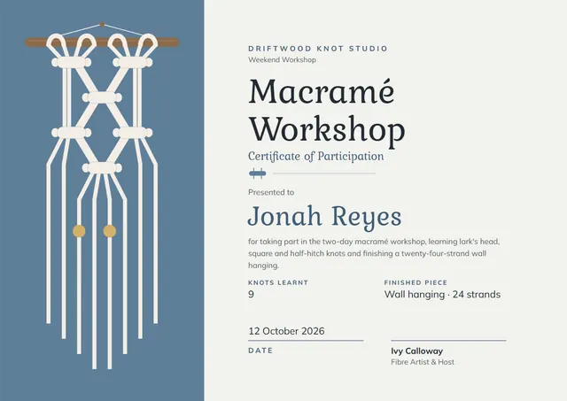 Steel Blue Banded Macramé Workshop Certificate template, A4 landscape, in steel blue