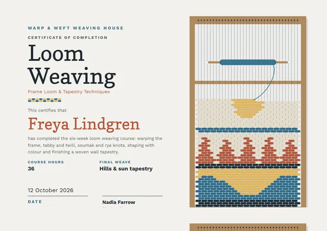 Gold Bordered Loom Weaving Certificate template, A4 landscape, in gold
