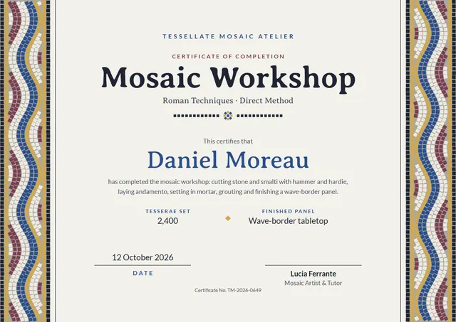 Gold Rosette Mosaic Workshop Certificate template, A4 landscape, in gold