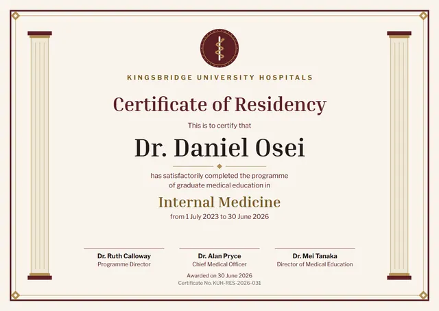 Burgundy Medal Residency Completion Certificate template, A4 landscape, in burgundy