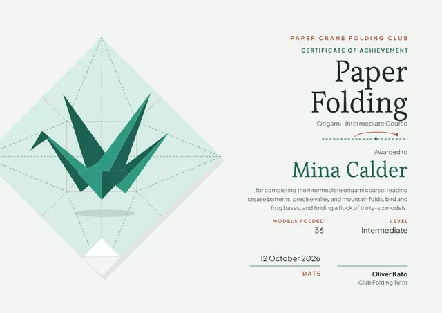 Teal Mountain Origami Certificate template, A4 landscape, in teal