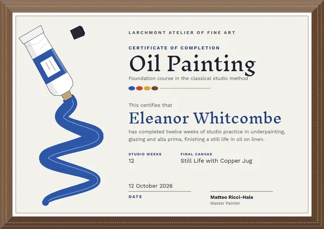 Chocolate Ribbon Oil Painting Course Certificate template, A4 landscape, in chocolate