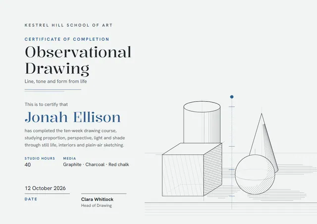 Ocean Blue Classic Drawing Course Certificate template, A4 landscape, in ocean blue