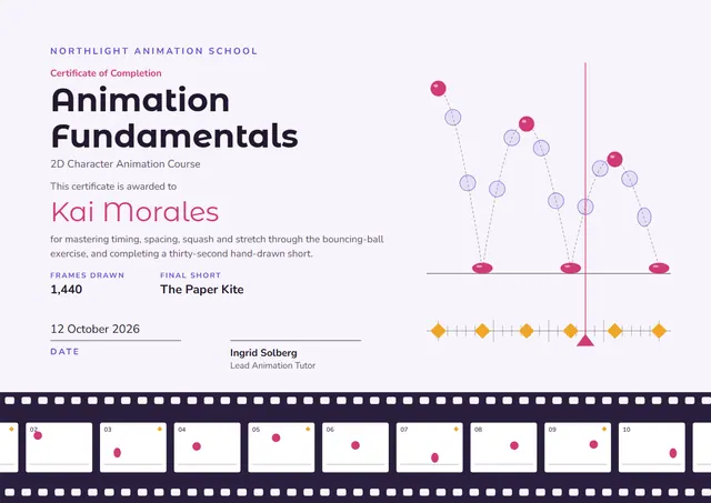 Raspberry Orbit Animation Course Certificate template, A4 landscape, in raspberry