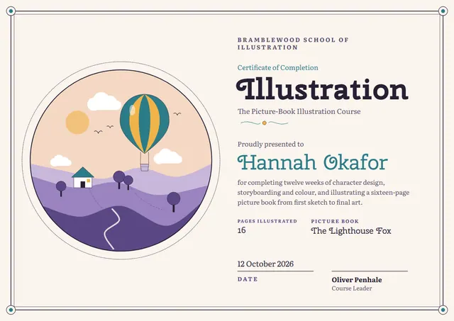 Jade Sunburst Illustration Course Certificate template, A4 landscape, in jade