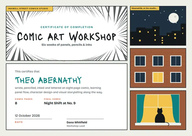 Copper Moonlit Comic Art Workshop Certificate template, A4 landscape, in copper