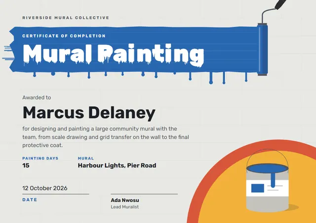 Terracotta Sunburst Mural Painting Certificate template, A4 landscape, in terracotta