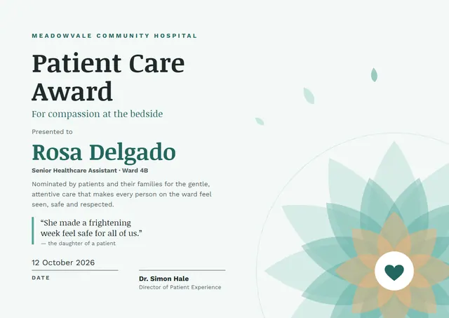 Mint Floral Patient Care Award template, A4 landscape, in mint