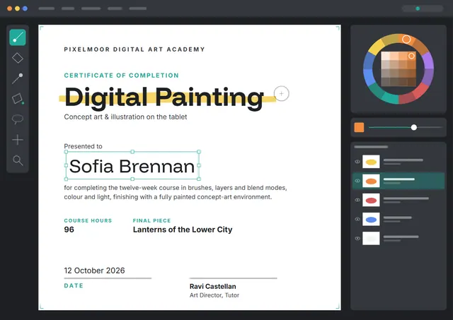 Turquoise Ornate Digital Painting Certificate template, A4 landscape, in turquoise