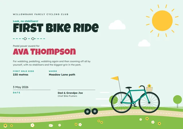 Lime Crown First Bike Ride Certificate template, A4 landscape, in lime