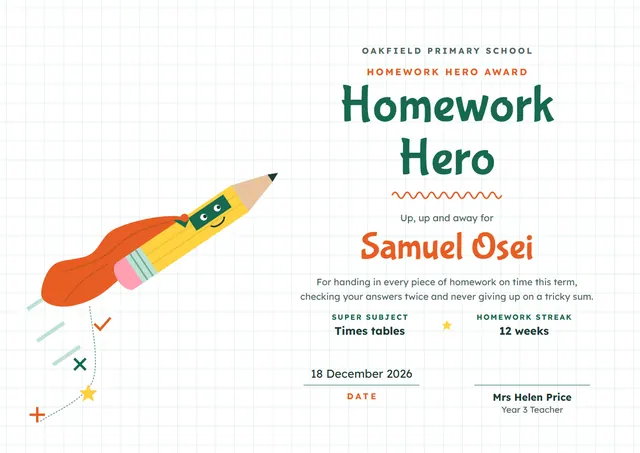 Emerald Starry Homework Hero Award template, A4 landscape, in emerald